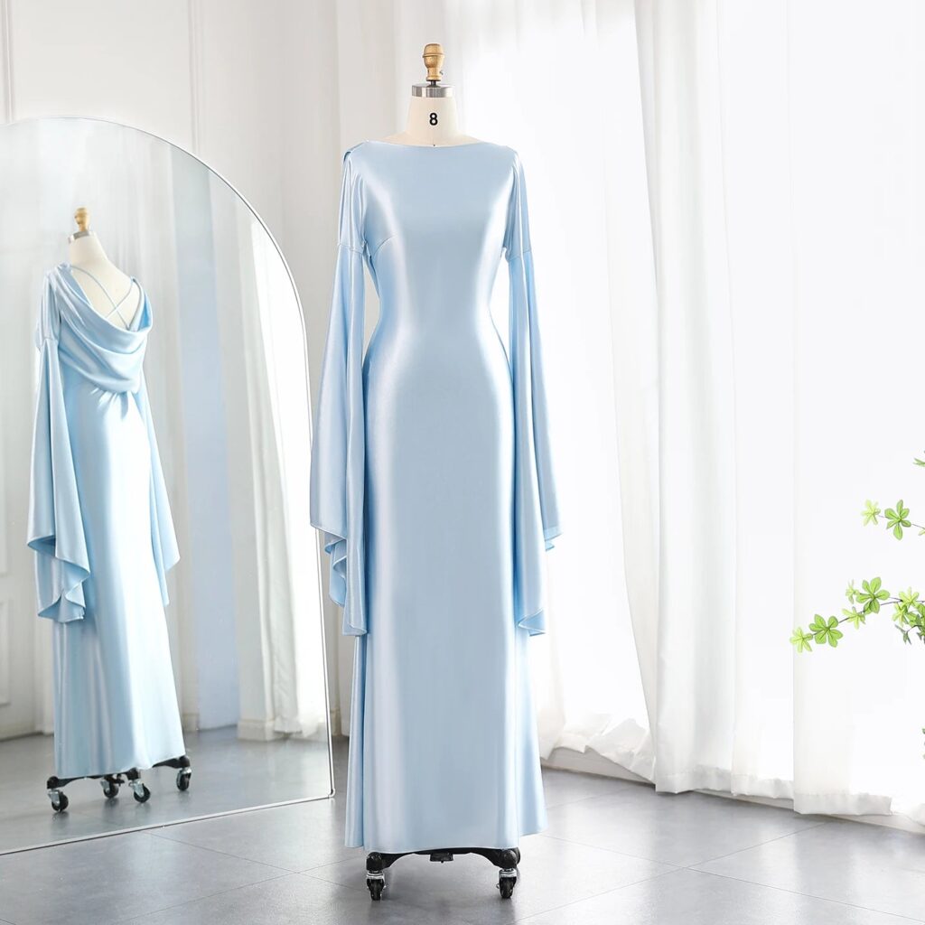 Light Blue Mermaid Evening Dress with Flare Long Sleeves Criss Cross Women Wedding Party Gowns