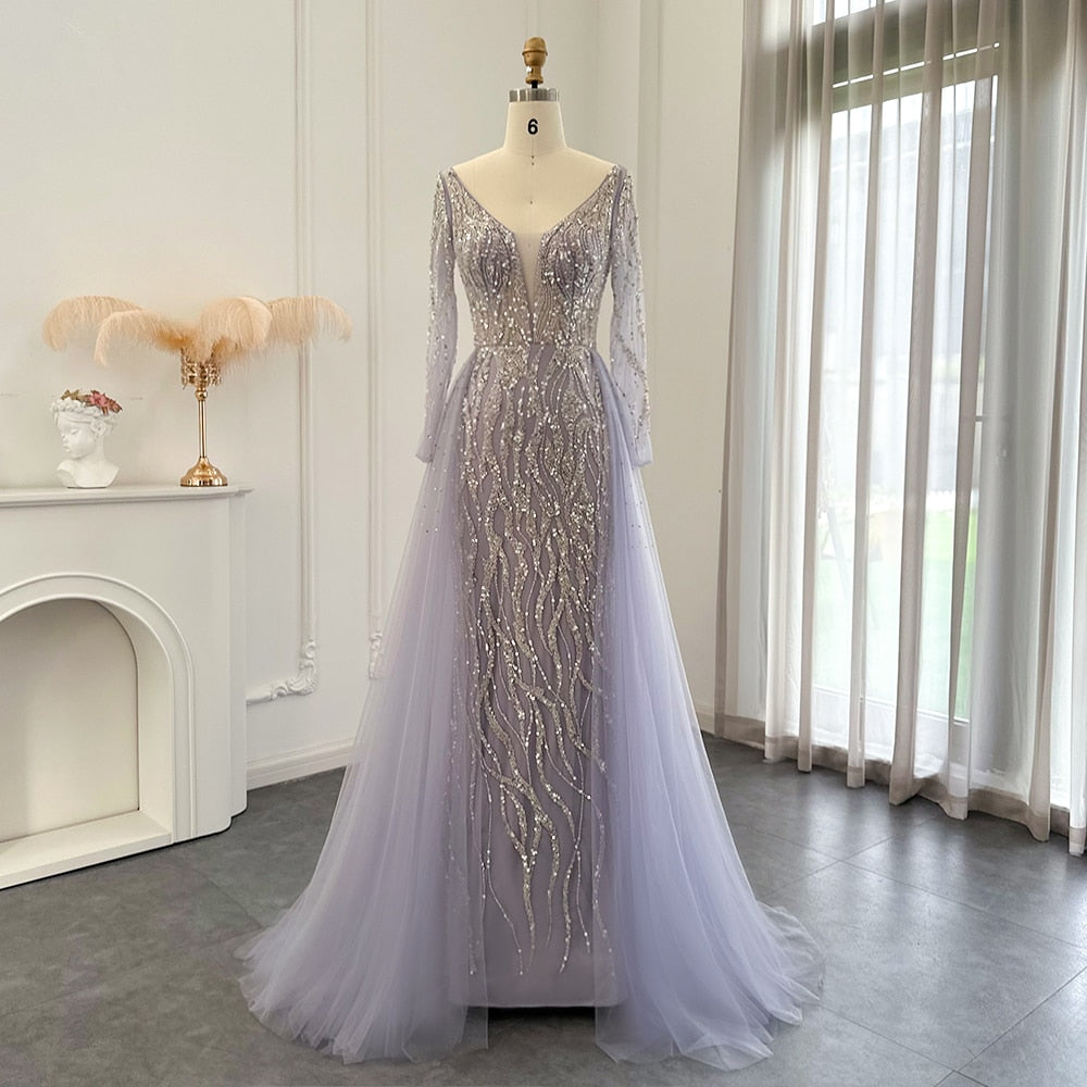 Lilac Mermaid Overskirt Evening Dresses Luxury Long Sleeves Women Wedding Guest Party Gowns