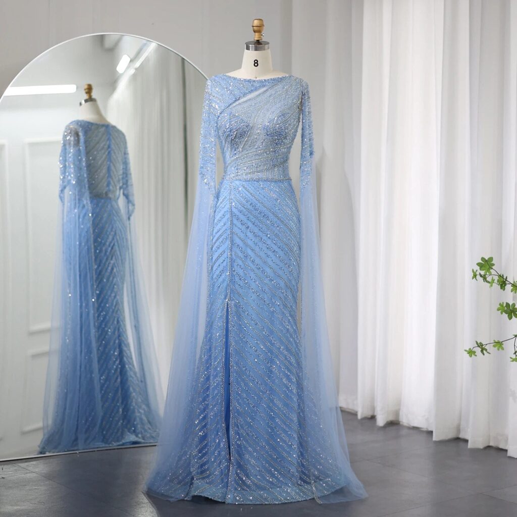 Mermaid Blue Evening Dress with Cape Sleeves Luxury Plus Size Women Wedding Formal Party Gowns