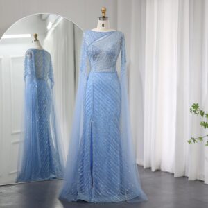 Mermaid Blue Evening Dress with Cape Sleeves Luxury Plus Size Women Wedding Formal Party Gowns