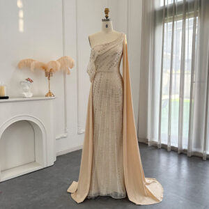 One Shoulder Mermaid Evening Dress Luxury Beaded Cape Sleeve Wedding Formal Party Gowns