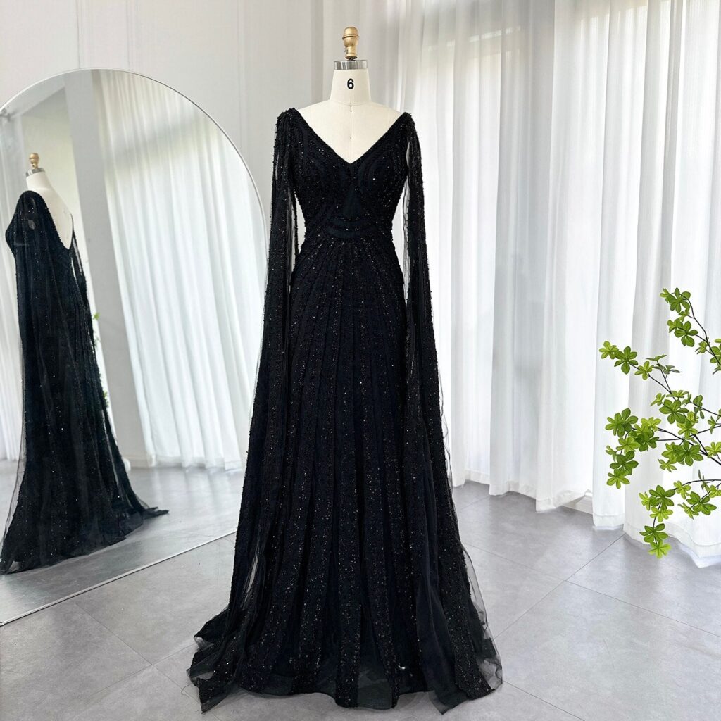 Black Mermaid Evening Dresses with Cape Sleeves Luxury Beaded For Women Wedding Party Gowns