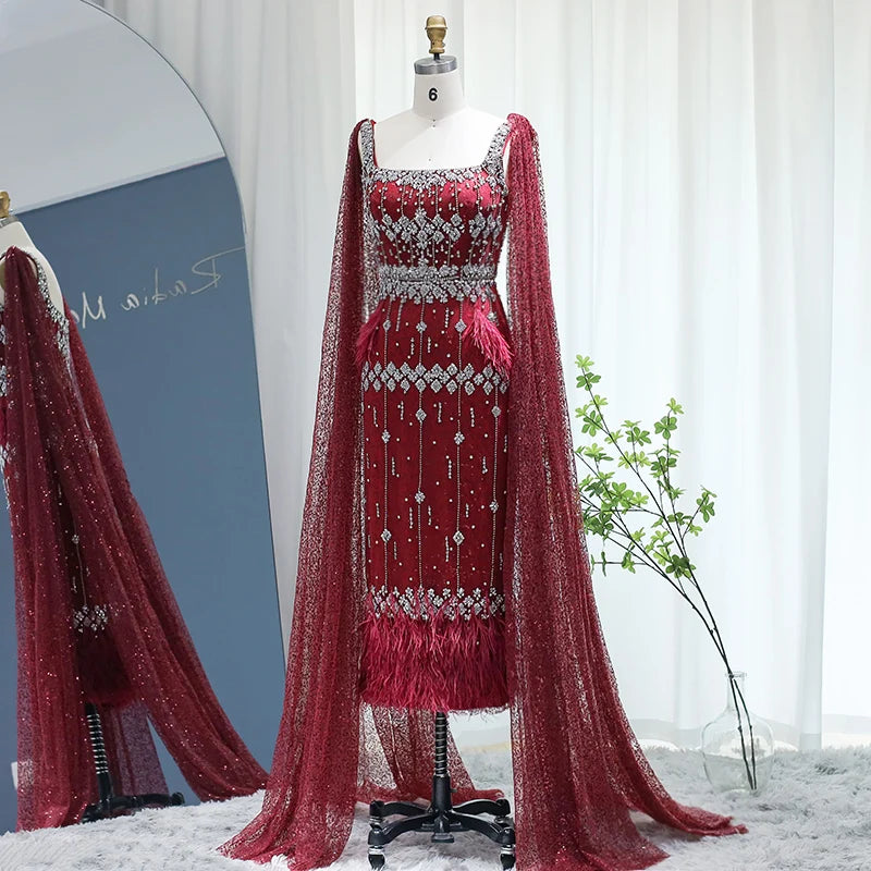 Bling Mermaid Arabic Evening Dress with Cape Luxury Feather