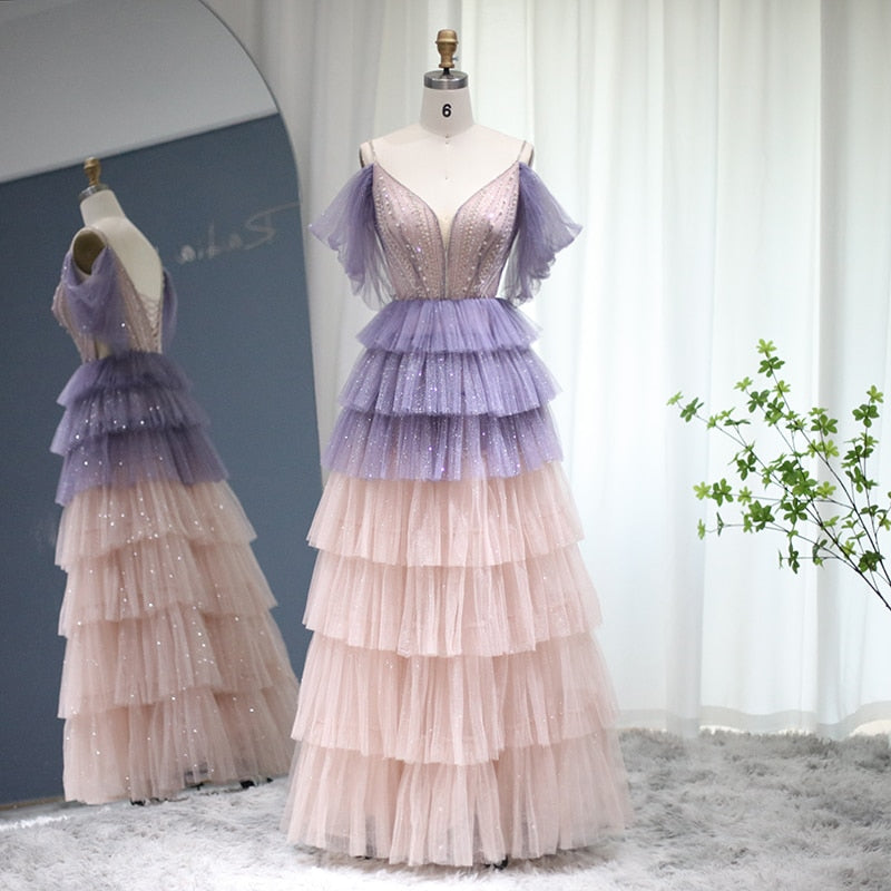 Bling Ombre Lilac Pink Evening Dress Luxury Cape Sleeve Long Formal Party Gowns for Women Wedding