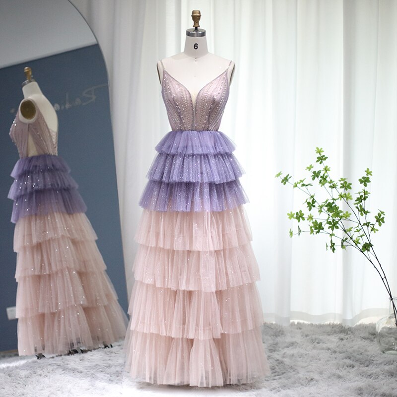 Bling Ombre Lilac Pink Evening Dress Luxury Cape Sleeve Long Formal Party Gowns for Women Wedding - Image 2