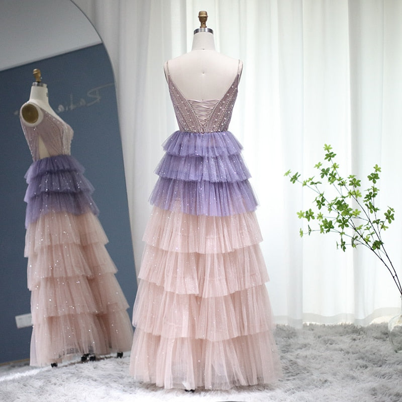 Bling Ombre Lilac Pink Evening Dress Luxury Cape Sleeve Long Formal Party Gowns for Women Wedding - Image 6