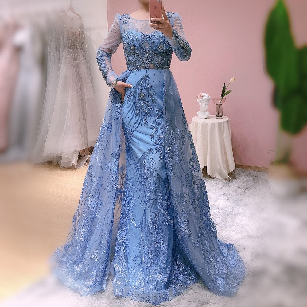 Blue Long Sleeve Overskirt Evening Dresses for Women Wedding Party Luxury Crystal Formal Dress