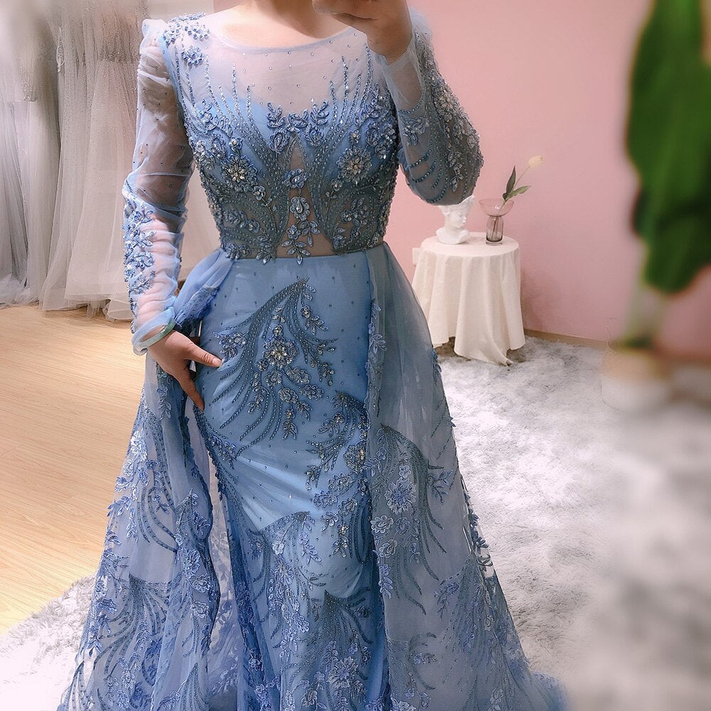 Blue Long Sleeve Overskirt Evening Dresses for Women Wedding Party Luxury Crystal Formal Dress - Image 3