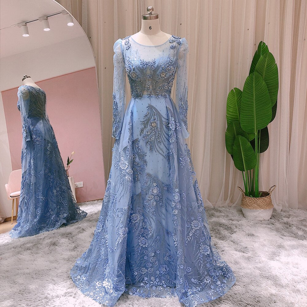 Blue Long Sleeve Overskirt Evening Dresses for Women Wedding Party Luxury Crystal Formal Dress - Image 2
