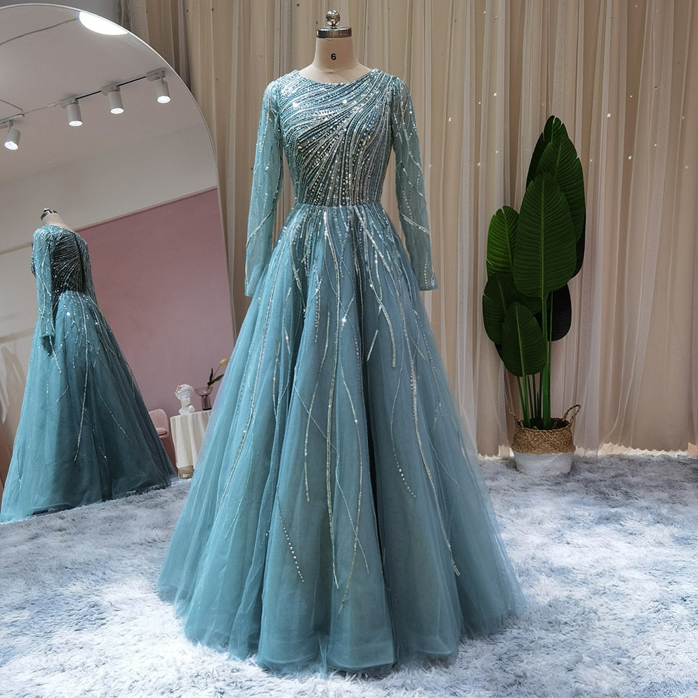 Blue Long Sleeve Evening Dress Luxury Women Midi Engagement Party Dresses for Wedding Formal