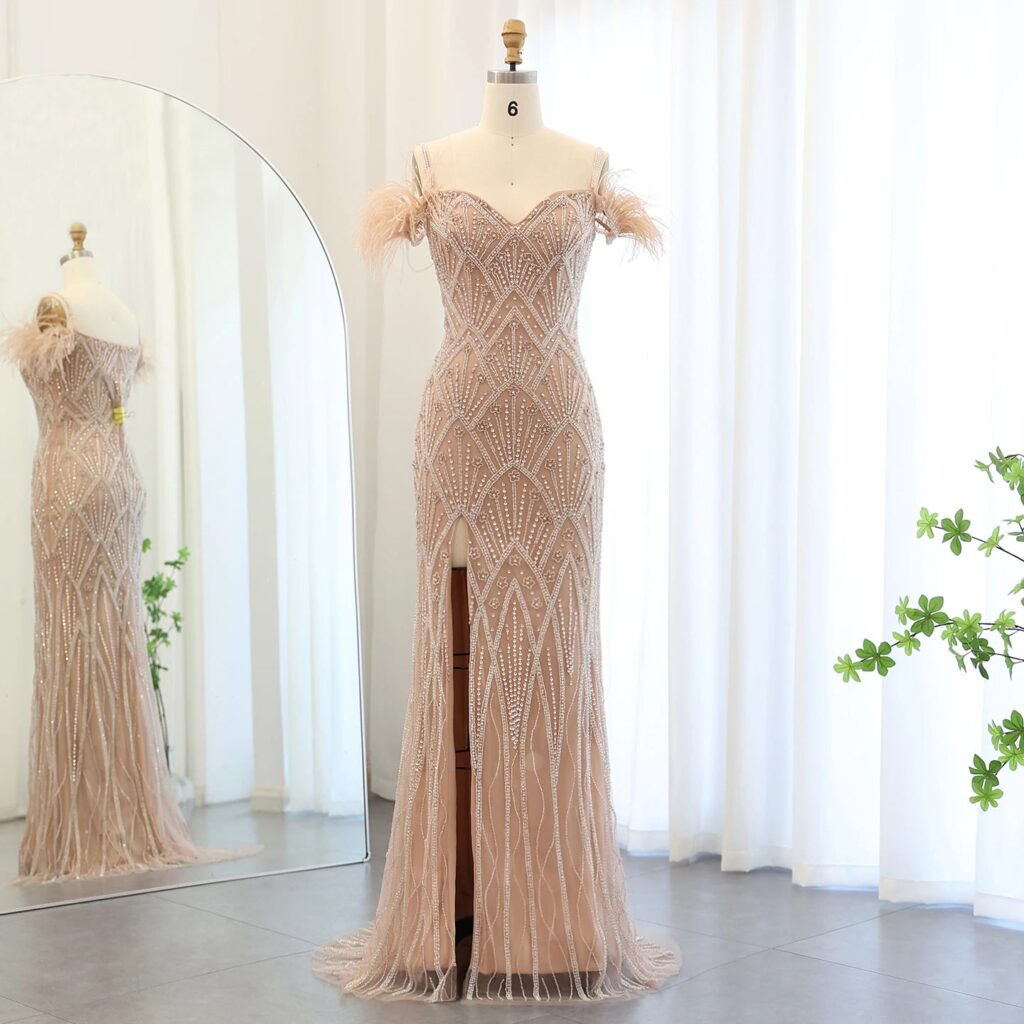 Mermaid Luxury Feathers Evening Dresses for Women Wedding Party Champagne Beaded Long Prom Formal Gowns