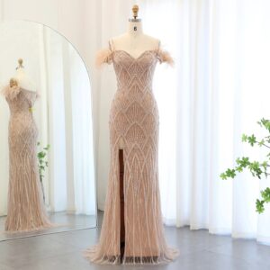 Mermaid Luxury Feathers Evening Dresses for Women Wedding Party Champagne Beaded Long Prom Formal Gowns