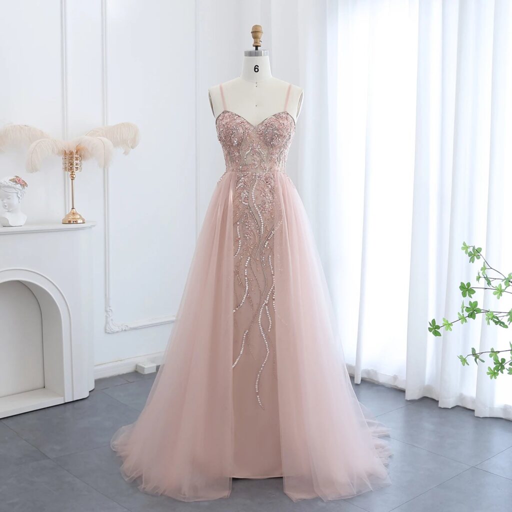 Blush Pink Dubai Evening Dresses with Overskirt Spaghetti Straps Sexy Long Luxury Wedding Party Prom Dress