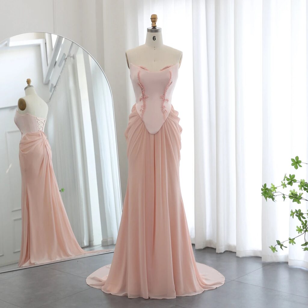 Blush Pink Handmade Draped Chiffon Mermaid Evening Dresses Corset Beaded Wedding Formal Party Bridesmaid Dress