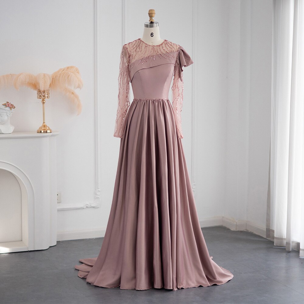 Blush Pink Long Sleeve Evening Dresses Luxury Women Formal Party Gowns for Wedding Guest