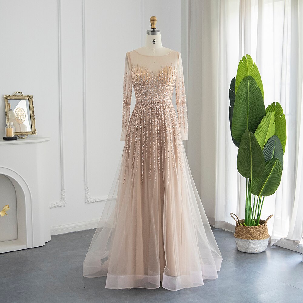 Blush Pink Long Sleeve Luxury Evening Dress for Wedding Party Beading Elegant Women Formal Gowns
