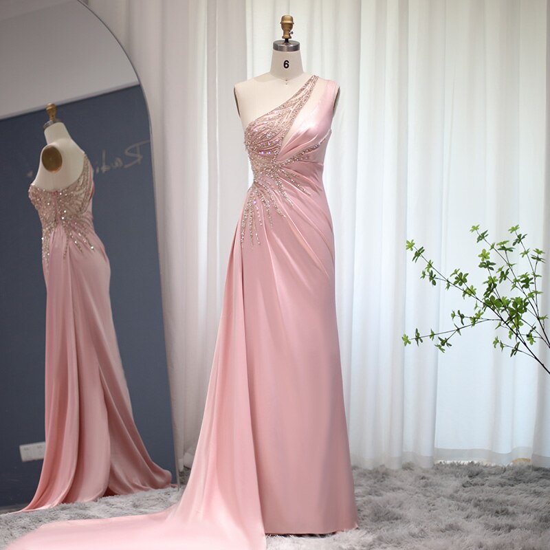 Blush Pink Mermaid One Shoulder Evening Dress Luxury High Slit Long Prom Party Dresses for Wedding Guest