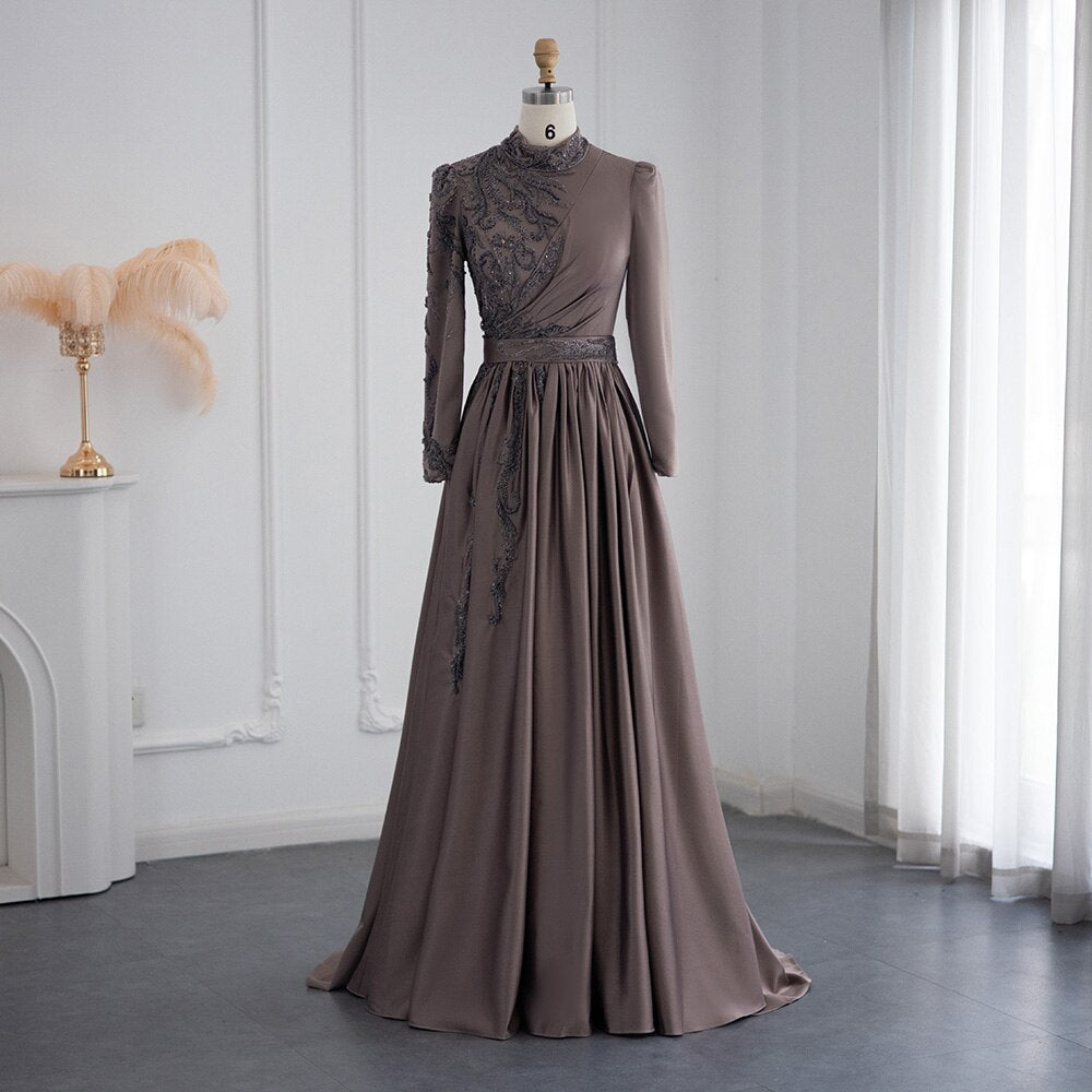 Brown Long Sleeve Evening Dresses Luxury Beading Formal Dress for Women Wedding Party Gown
