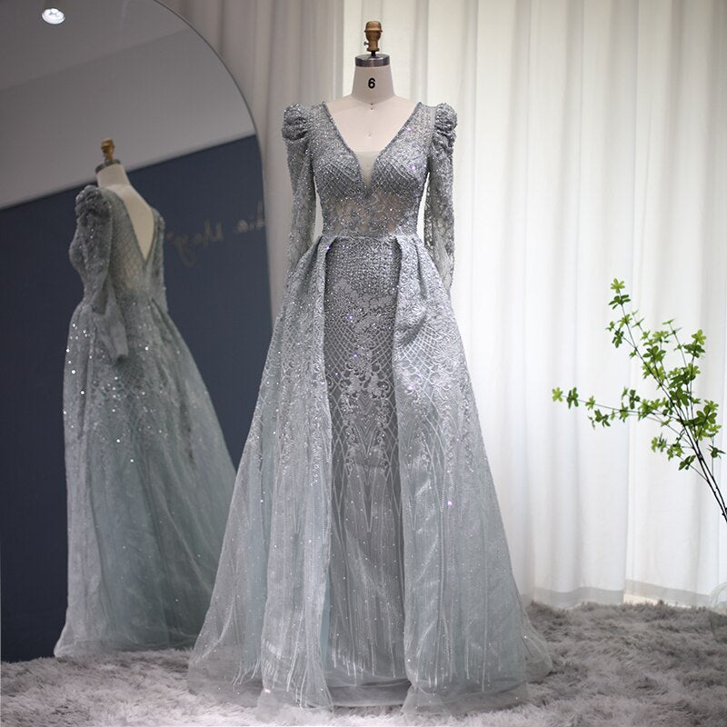 Lace Long Sleeve Evening Dresses Overskirt V-Neck Formal Dress Wedding Party Gowns