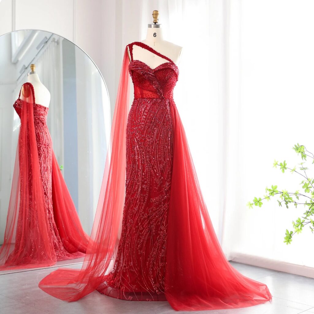 Burgundy One Shoulder Mermaid Evening Dresses with Cape Overskirt Women Wedding Party Long Prom Formal Gowns
