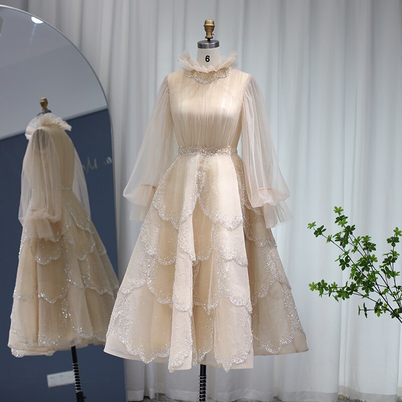 Champagne Long Sleeve Evening Dresses Luxury Formal Dress for Women Wedding Party