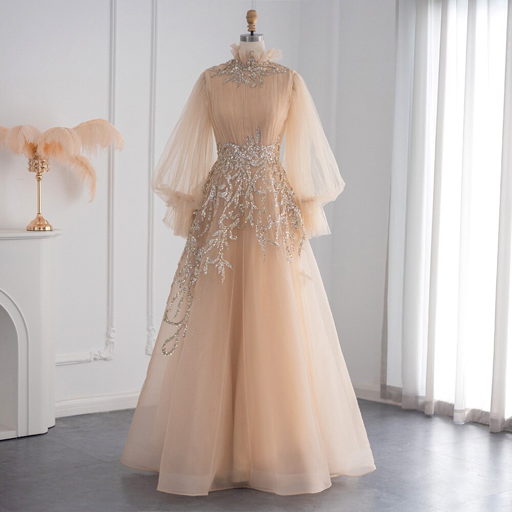 Champagne Long Sleeve Evening Dresses Luxury Midi Short Formal Gowns for Wedding Party - Image 2