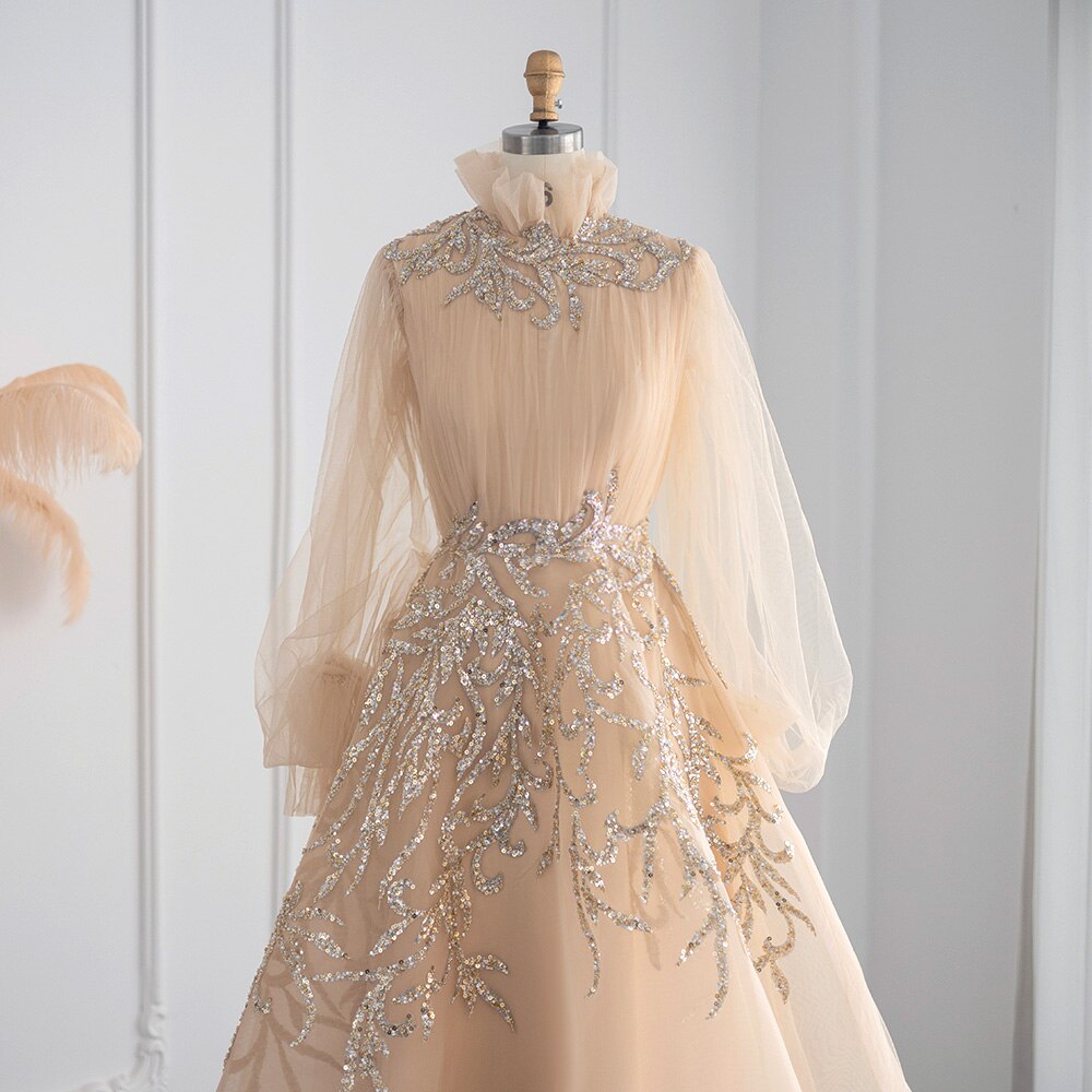 Champagne Long Sleeve Evening Dresses Luxury Midi Short Formal Gowns for Wedding Party - Image 3