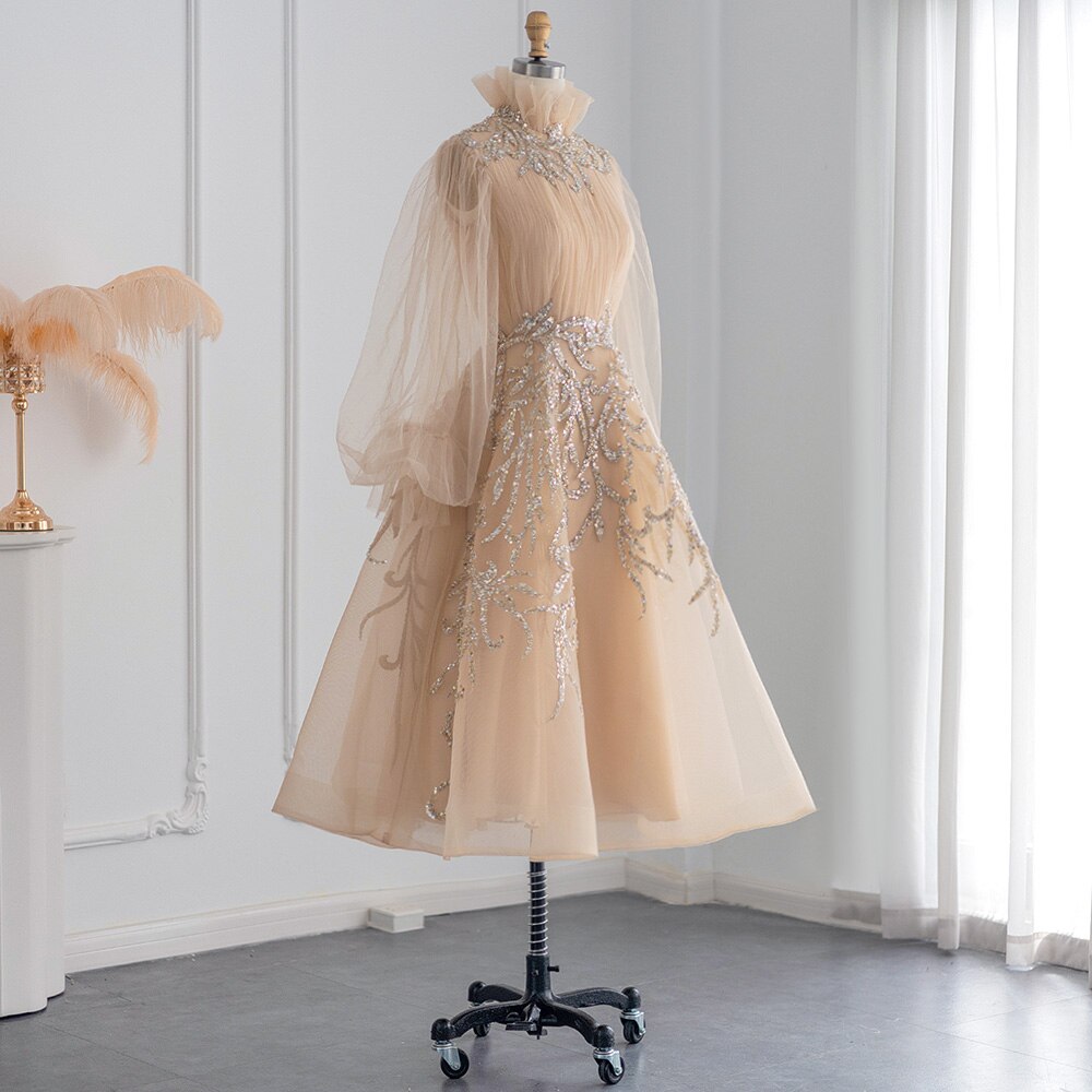 Champagne Long Sleeve Evening Dresses Luxury Midi Short Formal Gowns for Wedding Party - Image 4