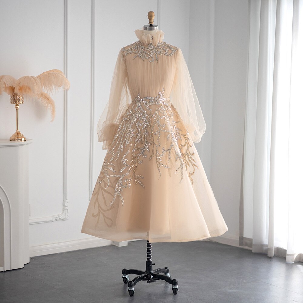 Champagne Long Sleeve Evening Dresses Luxury Midi Short Formal Gowns for Wedding Party