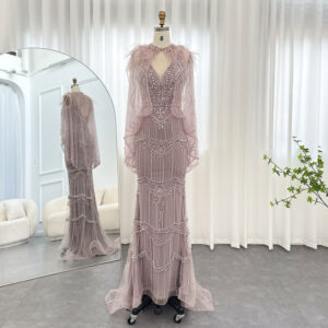 Mermaid Evening Dress with Feathers Shawl Cape Luxury Prom Dresses Long Formal Gown