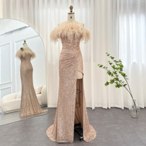 Mermaid Feathers Evening Dress Women Luxury High Slit Wedding Party Prom Dresses