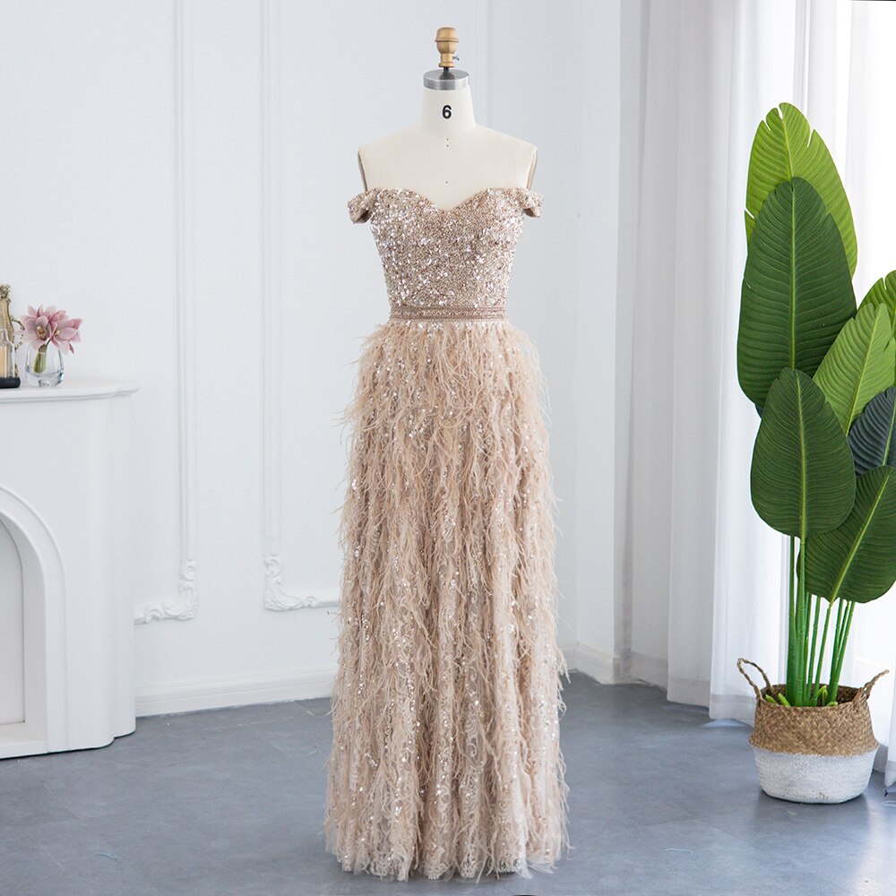 Champagne Mermaid Luxury Feathers Evening Dresses Elegant Off the Shoulder Long Formal Prom Dress