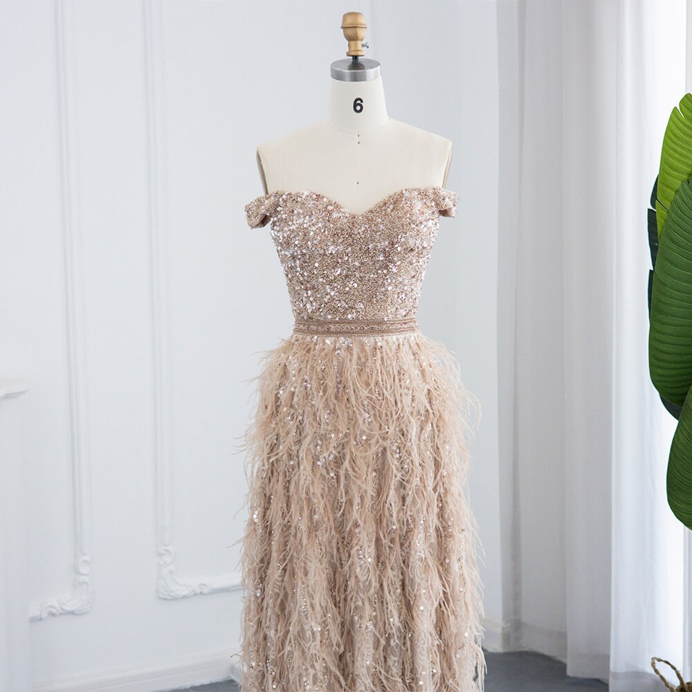 Champagne Mermaid Luxury Feathers Evening Dresses Elegant Off the Shoulder Long Formal Prom Dress - Image 2