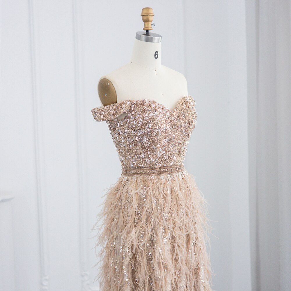 Champagne Mermaid Luxury Feathers Evening Dresses Elegant Off the Shoulder Long Formal Prom Dress - Image 3