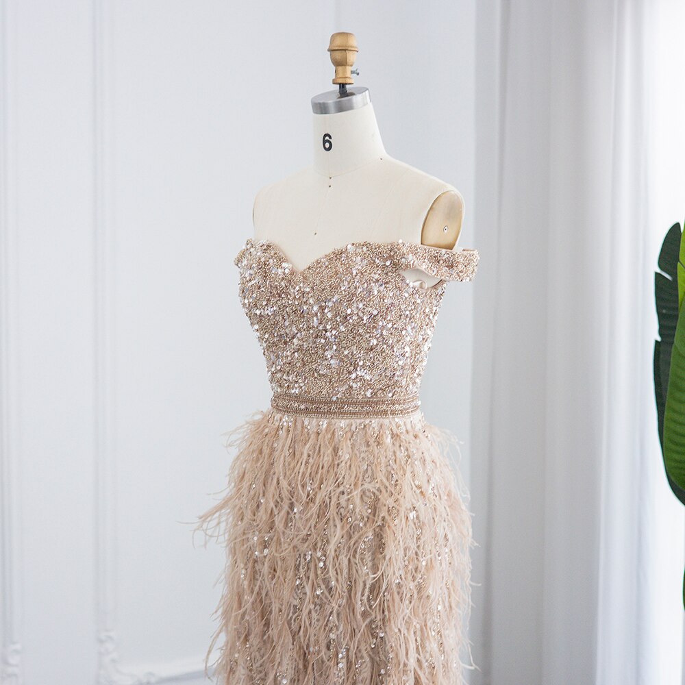 Champagne Mermaid Luxury Feathers Evening Dresses Elegant Off the Shoulder Long Formal Prom Dress - Image 4