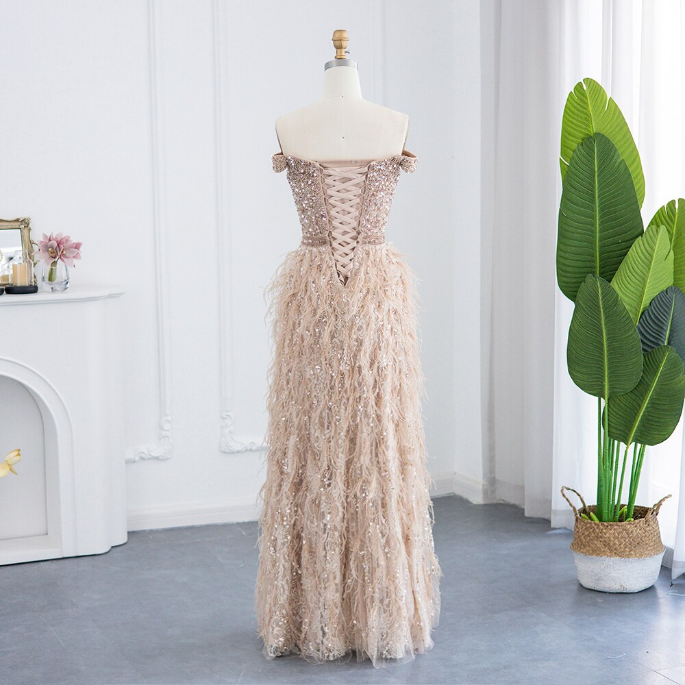 Champagne Mermaid Luxury Feathers Evening Dresses Elegant Off the Shoulder Long Formal Prom Dress - Image 5