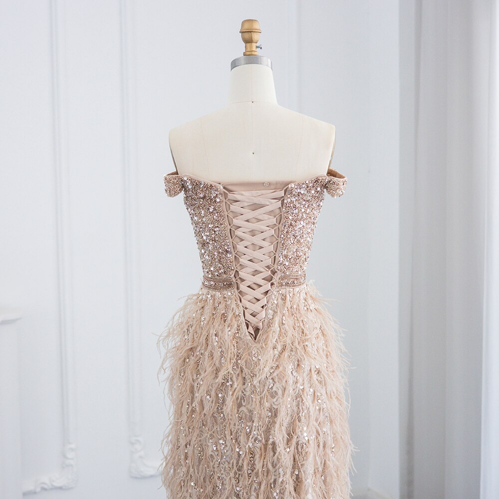 Champagne Mermaid Luxury Feathers Evening Dresses Elegant Off the Shoulder Long Formal Prom Dress - Image 6