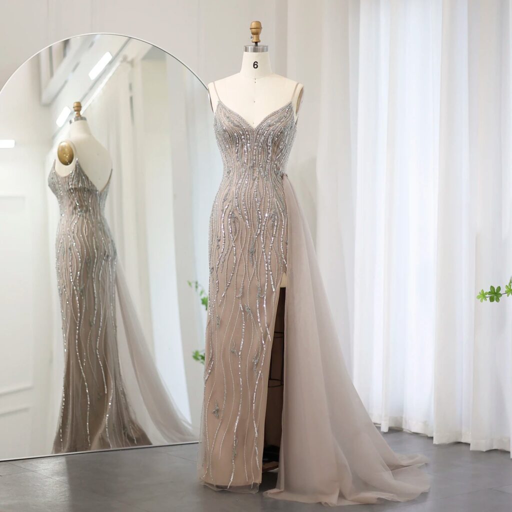 Champagne Spaghetti Straps Mermaid Evening Dress with Overskirt Side Slit Long Party Dresses for Women Wedding
