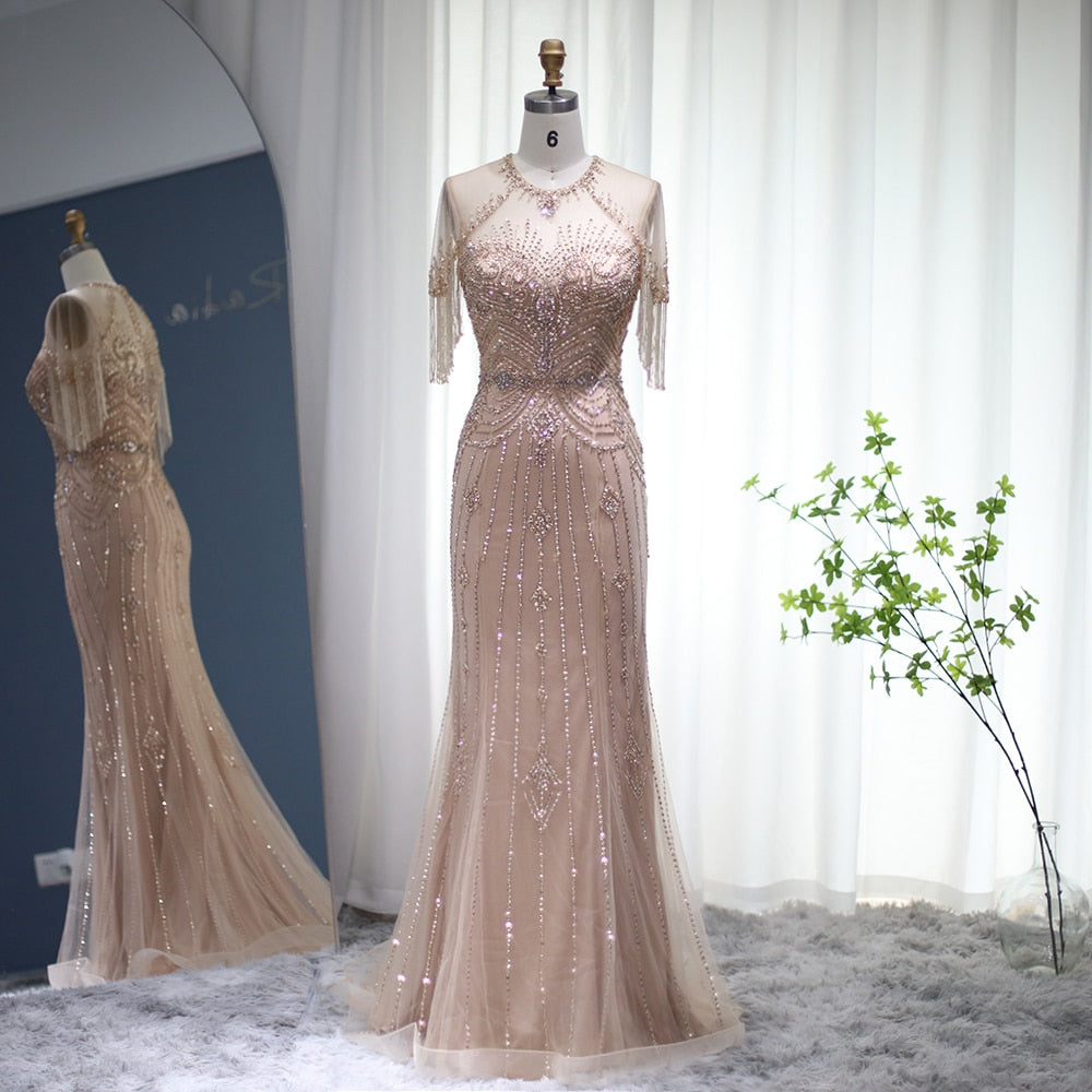 Champagne Tassel Mermaid Evening Dresses Luxury Long Formal Prom Dress for Women Wedding Party Gown