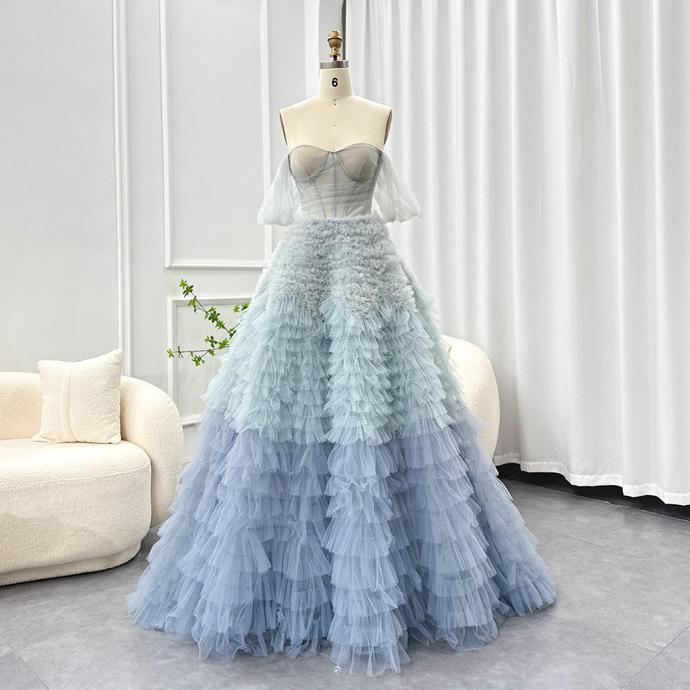 Chic Blue Ombre Tiered Ruffles Evening Dresses Luxury Ball Gown Prom Dress for Women Wedding Party