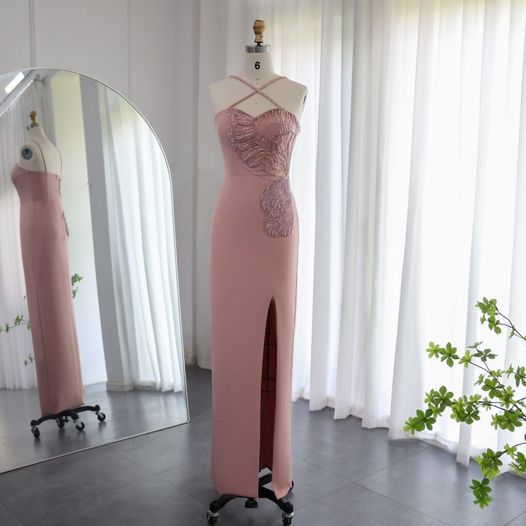 Chic Crisscross Straps Pink Evening Dresses 2023 Luxury Butterfly Beaded Slit Women Wedding Party Gowns