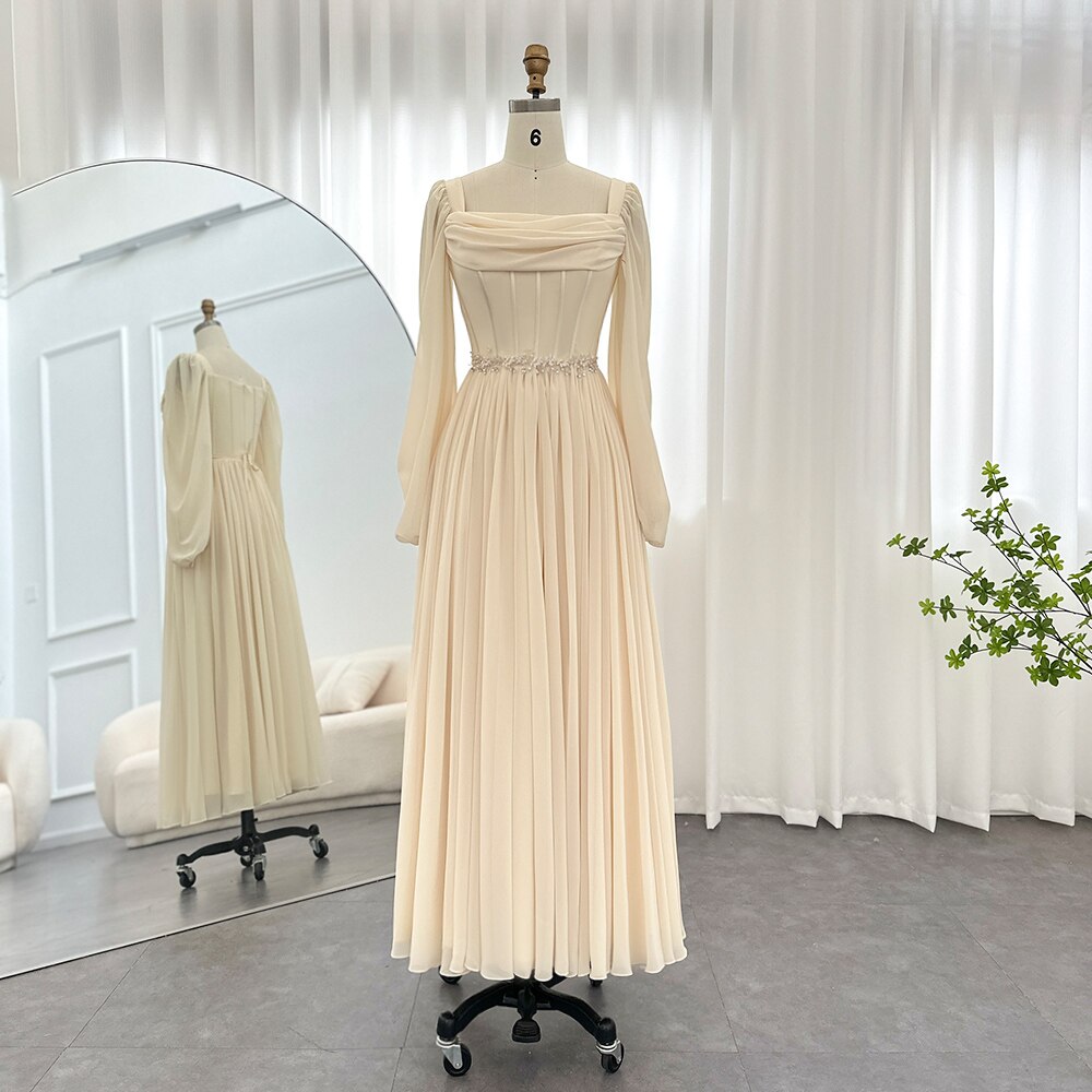 Beige Short Midi Evening Dress with Belt Long Sleeves Tea Length Women Formal Wedding Party Gowns