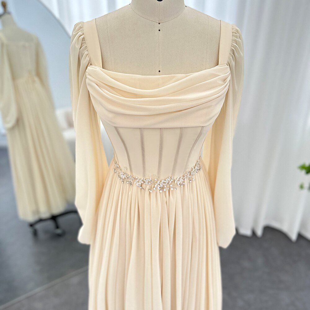 Beige Short Midi Evening Dress with Belt Long Sleeves Tea Length Women Formal Wedding Party Gowns - Image 2