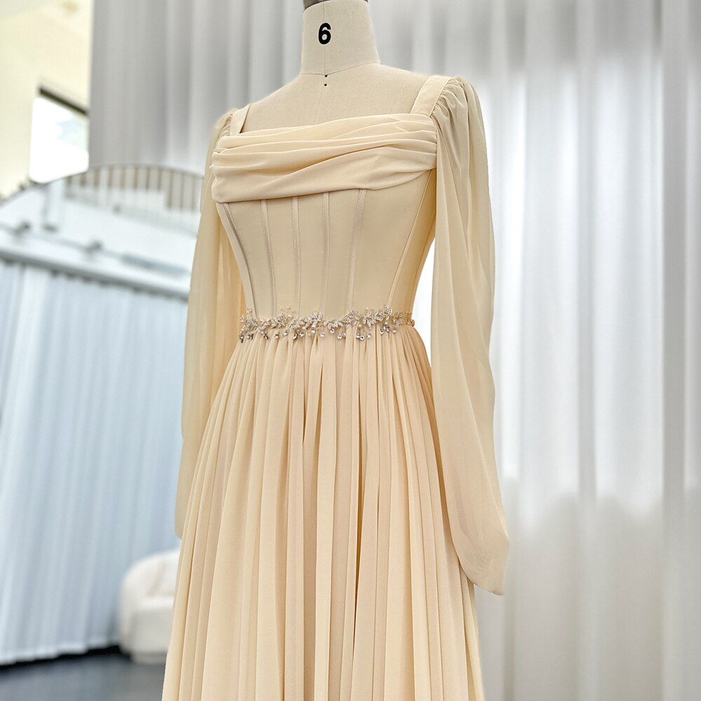 Beige Short Midi Evening Dress with Belt Long Sleeves Tea Length Women Formal Wedding Party Gowns - Image 3