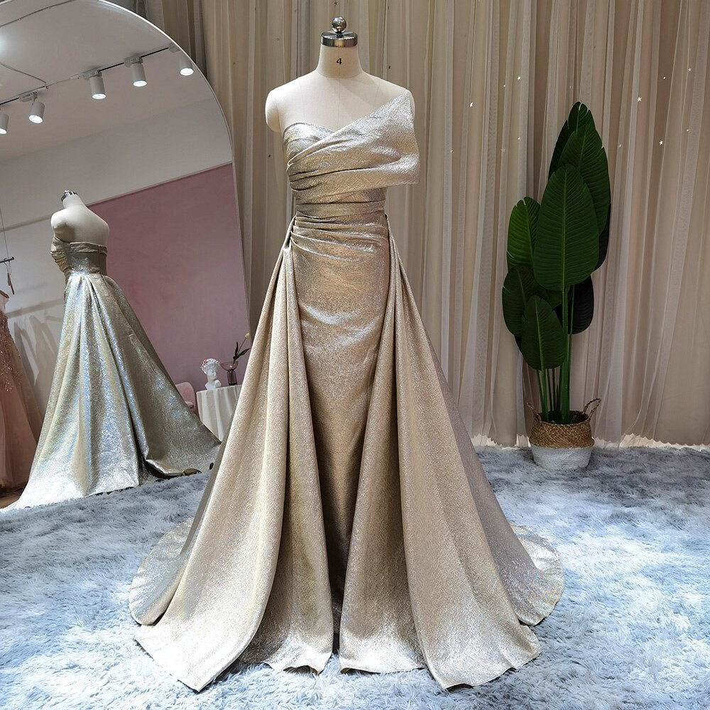 Gold Mermaid Evening Dress with Overskirt Luxury Long Prom Formal Dresses Black Girls Wedding Party Gown