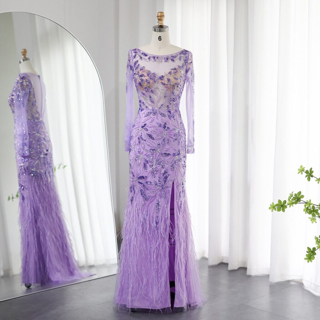 Luxury Feathers Evening Dresses for Women Wedding Elegant Long Sleeves Mermaid Prom Party Gowns
