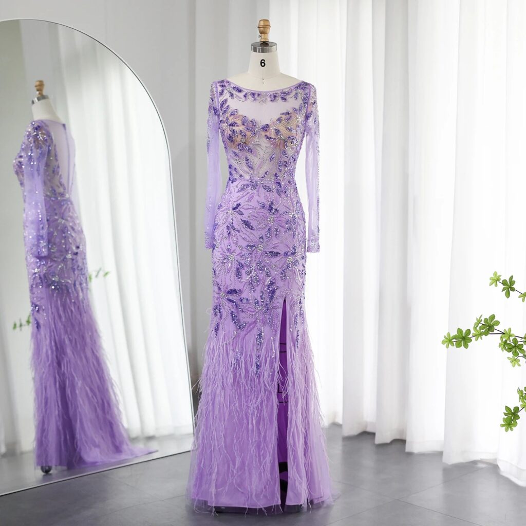 Luxury Feathers Evening Dresses for Women Wedding Elegant Long Sleeves Mermaid Prom Party Gowns