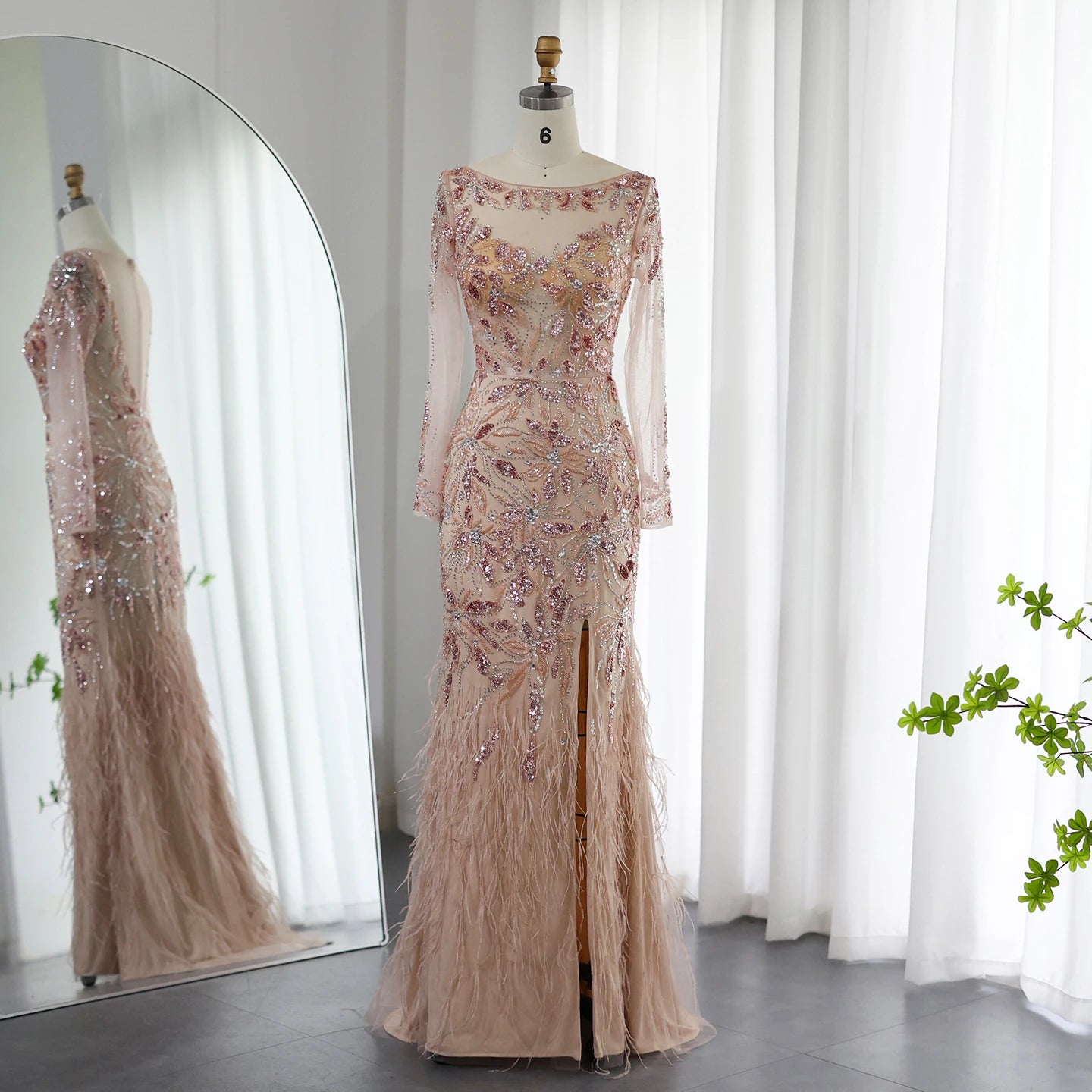 Luxury Feathers Evening Dresses for Women Wedding Elegant Long Sleeves Mermaid Prom Party Gowns - Image 2