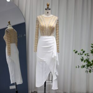 White Mermaid Evening Dress Long Sleeve Luxury Women for Wedding Party Midi Prom Formal Dresses