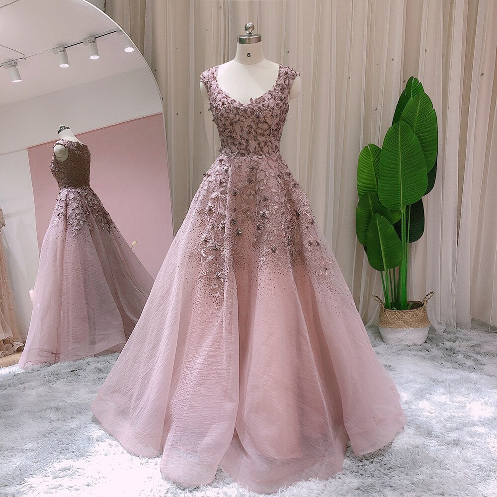 Elegant Ball Gown Rose Pink Evening Dress for Women Wedding Party Luxury Crystal Long Formal Dresses